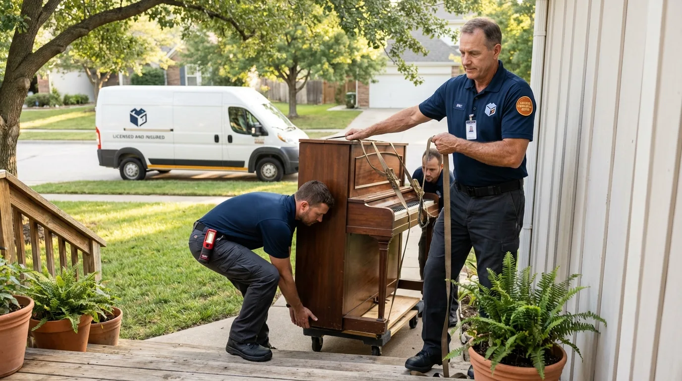 Licensed piano movers securing grand piano in Nashville, TN