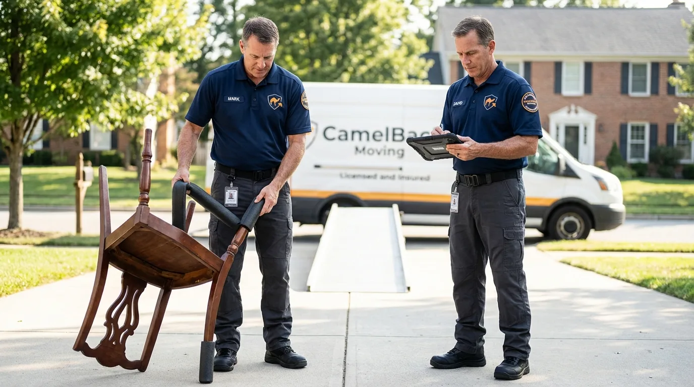 Movers inspecting furniture for damage prevention before loading in Nashville, TN