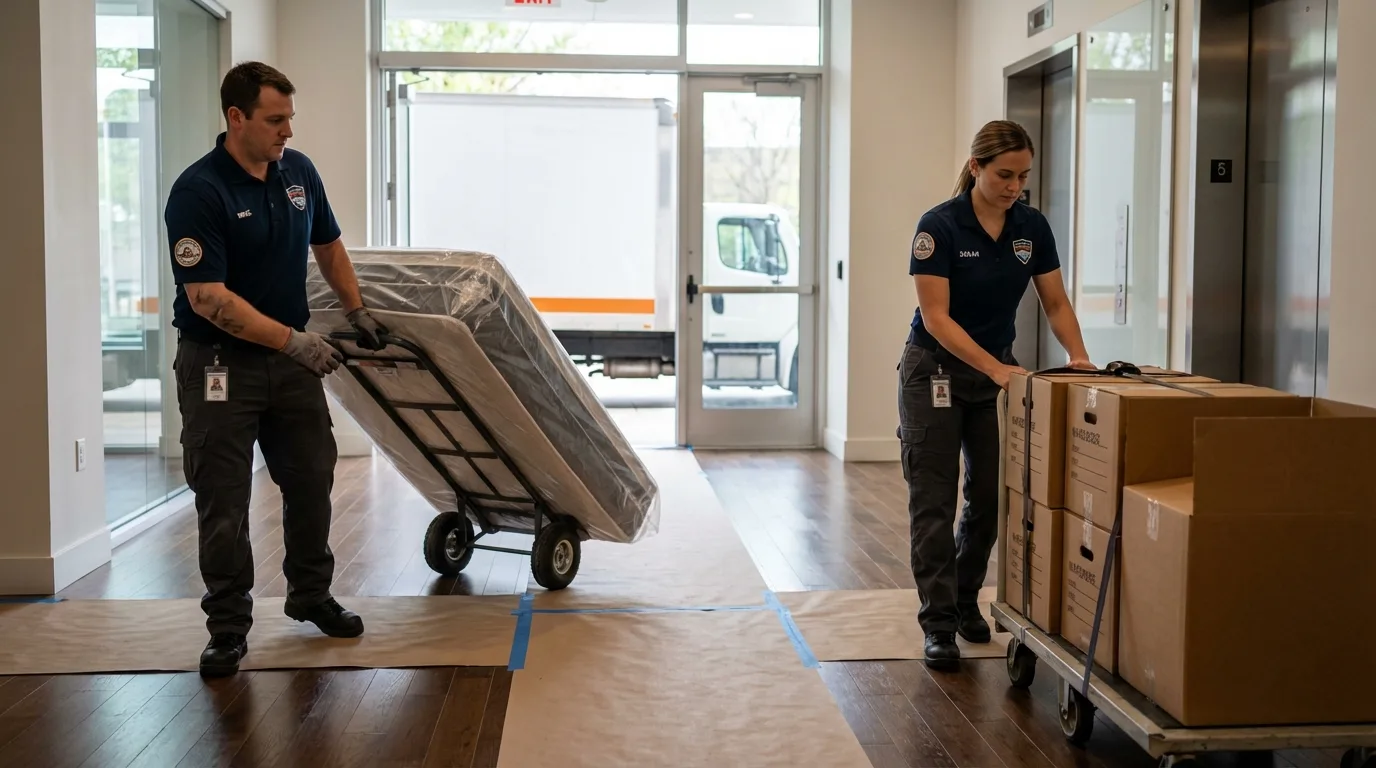 Professional apartment movers loading elevator in Nashville, TN