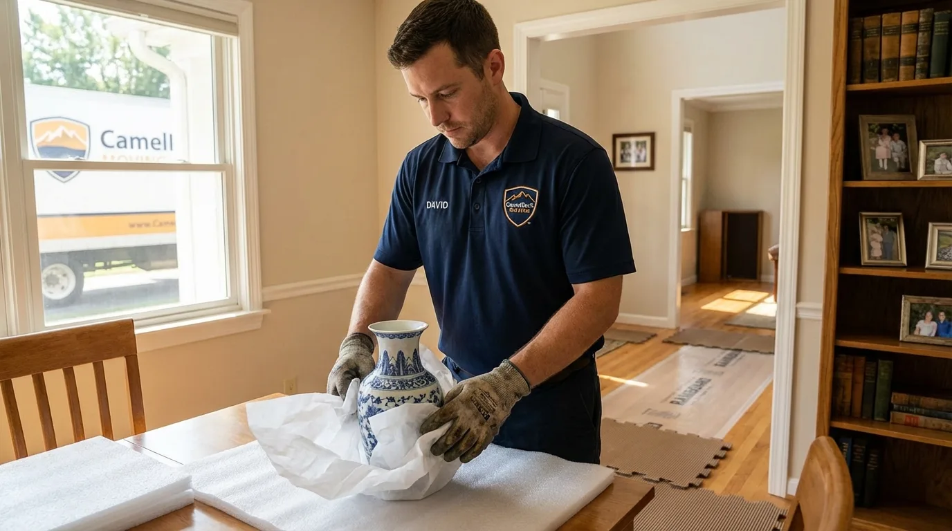 Professional crew carefully wrapping antique vase for senior downsizing move in Nashville, TN